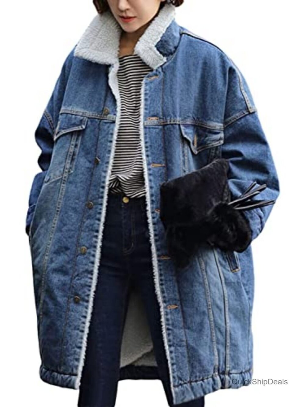 Women's Sherpa Fleece Lined Quilted Denim Jacket Long Overcoat Vintage